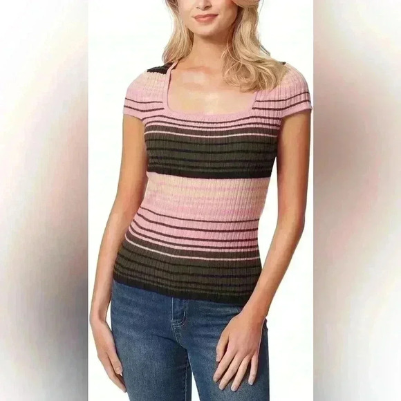 Jessica Simpson Women's Short Sleeve Square Neck Fiona Striped Ribbed-Knit Top - Picture 1 of 6